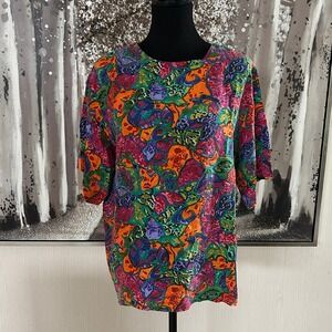 Marguerite LI Womens Multicolor 100% Silk Short Sleeve Crew Neck Blouse - Large